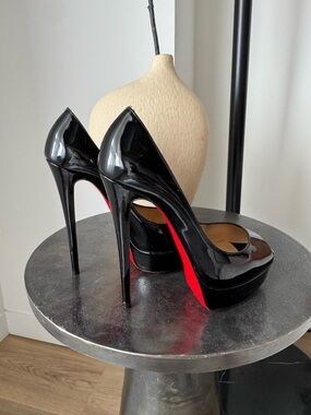 Christian Louboutin Black Patent Lady Peep Platform Heels Size 38